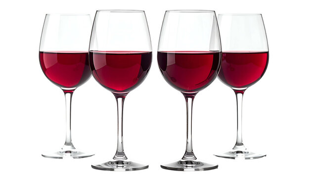 Four elegant stemmed glasses, each filled with a rich crimson liquid, possibly wine, against a transparent backdrop