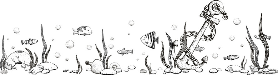 A black and white graphic banner featuring fish and shipwreck items. Vector illustration featuring fish, shells, an anchor, and utensils. Hand-drawn ink illustration for various printed materials.