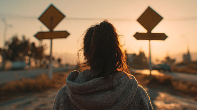 Back view of young woman standing at crossroads looking at roadsigns, pondering life choices.