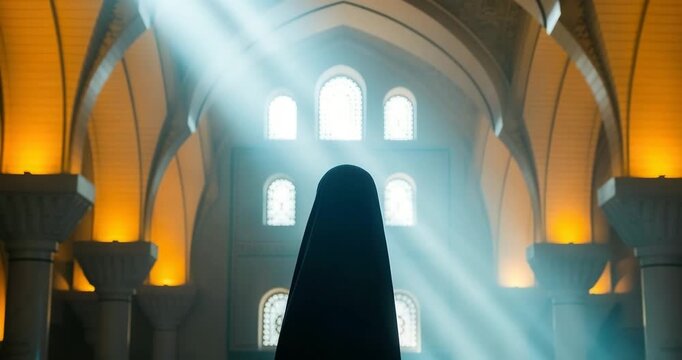 Woman in traditional Islamic clothing standing in a beautiful mosque with sunlight streaming through windows