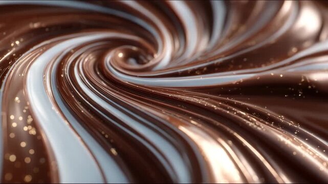 229Smooth swirled chocolate in dark and white, glossy, molten texture with abstract ribbon patterns, reflective lighting enhances depth and fluidity, cinematic macro food photography