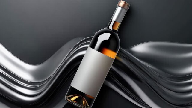 Blank label wine bottle floating above glossy black liquid waves in luxury studio lighting