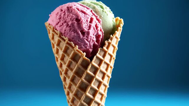 Ice cream cone with pink and green scoops displayed against a vibrant blue background, showcasing the delicious dessert in a visually appealing manner