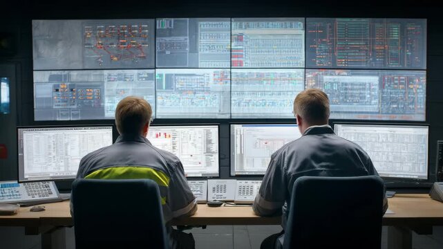 Mining professionals monitoring operations in high-tech control room, automation and efficiency concept
