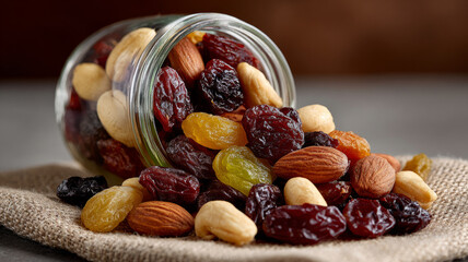 Assorted nuts and dried fruits spilling from glass jar on burlap cloth