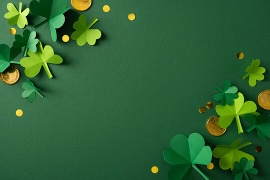 Lush green background with shamrock shapes and gold coins evokes St Patrick's Day celebration and festive greeting, capturing luck, Irish heritage, and seasonal spirit.