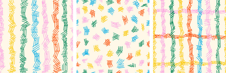 Set of crosshatch texture seamless pattern. Hand drawn pencil line, bright confetti color and crayon childish hatch style. Vector pattern collection.