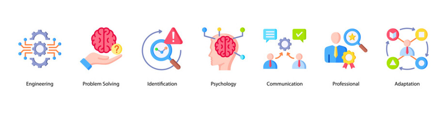 Engineering and Adaptability web banner icon vector illustration featuring Engineering, Problem Solving, Identification, Psychology, Communication, Professional, and Adaptation.