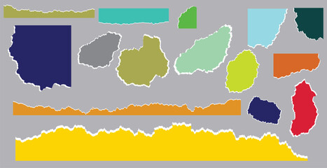 Set of colorful torn paper edges, ripped paper scraps, and blank notebook fragments on gray background