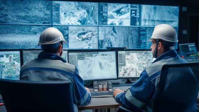 Mining professionals monitoring operations in high-tech control room, automation and efficiency concept