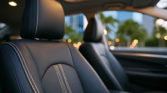691Close-up of black leather car seats, detailed stitching visible, modern ergonomic design, ambient cabin lighting highlighting textures, sleek interior of luxury vehicle