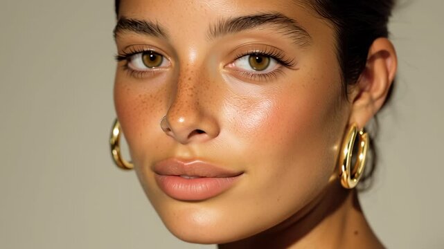Captivating fair-skinned European woman flaunts her bold makeup and radiant skin. Her elegant earrings add flair to the soft lighting, highlighting her natural beauty as she poses gracefully