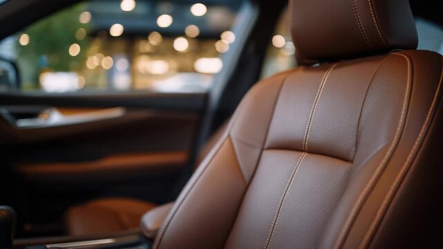 701Macro view of brown leather car seat, intricate stitching patterns visible, luxurious soft texture, subtle reflection of cabin light, modern automotive interior styling