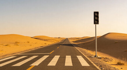 Straight desert road with crosswalk and inactive traffic light, surrounded by sand dunes under warm sunlight. Ideal for surreal, travel, or infrastructure visuals