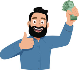Happy bearded man holding cash money and showing thumbs up, financial success concept isolated on white background