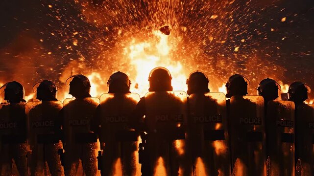 Riot police officers stand in a defensive line as a massive fire erupts, sending sparks flying into the air during a night of intense civil unrest. A powerful symbol of societal conflict.