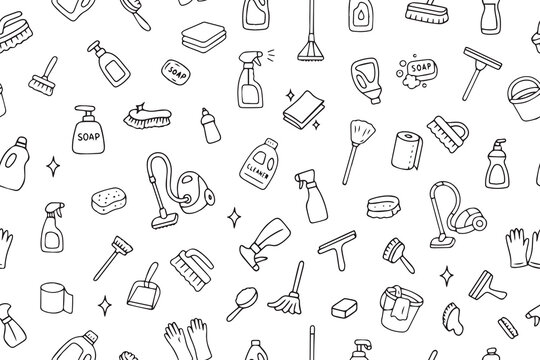 Vector illustration of a seamless pattern featuring hand-drawn cleaning tools and supplies. Includes soap, brushes, spray bottles, and a vacuum, ideal for hygiene and cleaning themes.