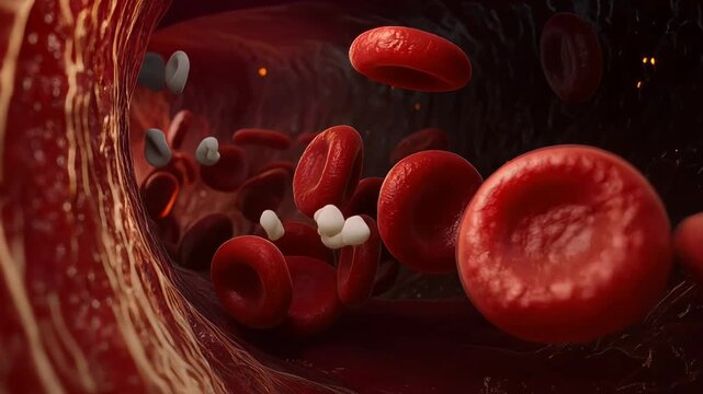 Macro photograph of red blood cells moving through a blood vessel with soft focus and warm light, medical concept of human circulation and health.