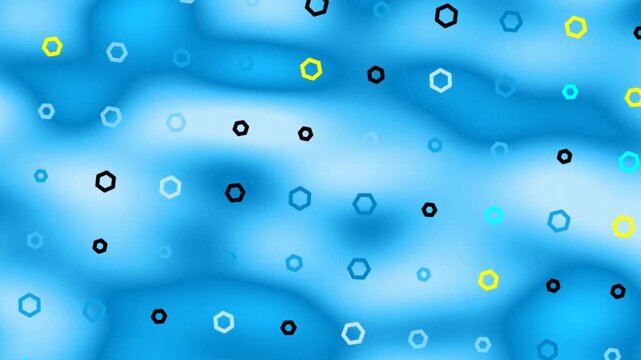 Abstract blue background with scattered colorful hexagonal shapes creating a modern digital pattern.