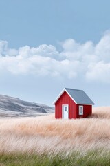 Obraz premium a red house in the middle of an empty field, with a blue sky