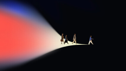 Bold poster with business group walking from light into darkness. Concept of strategic choice, uncertainty, leadership direction, transition, future challenges in corporate path. © master1305