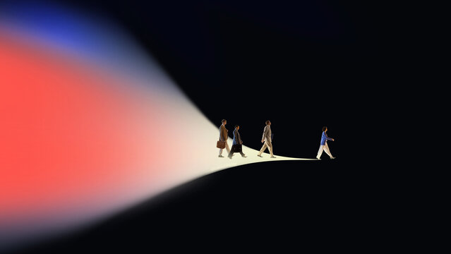 Bold poster with business group walking from light into darkness. Concept of strategic choice, uncertainty, leadership direction, transition, future challenges in corporate path.
