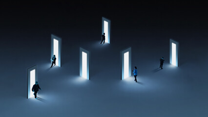 Mysterious artwork business people choosing illuminated doors in dark space. Concept of career options, decision paths, opportunity selection, and abstract corporate environment. Collage of 4 models © master1305