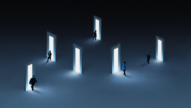 Mysterious artwork business people choosing illuminated doors in dark space. Concept of career options, decision paths, opportunity selection, and abstract corporate environment. Collage of 4 models