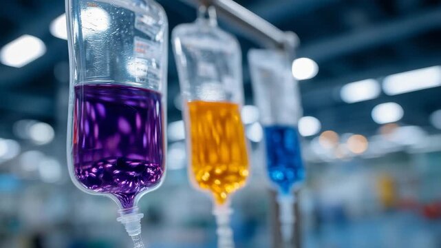 749Close-up of hanging IV bags with colored solutions, purple, orange, and blue liquids, soft light reflecting off clear plastic, hospital environment in soft focus, medical care and