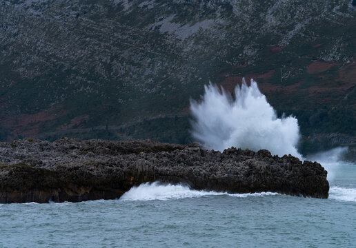 Bufones de Islares, storm and high waves in the Cantabrian Sea in Islares, in the municipality of Castro Urdiales. Cantabria, Spain, Europe