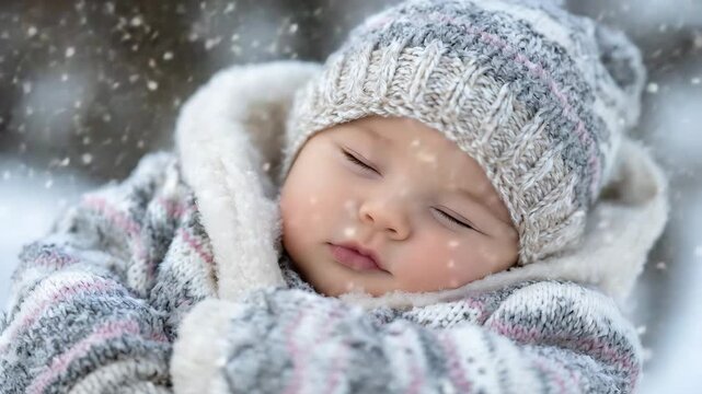 752Close-up of a sleeping baby bundled in winter clothes, knitted hat and mittens visible, soft snowflakes falling around, rosy cheeks and peaceful expression, winter wonderland outdo