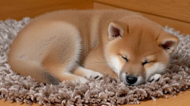 A cute baby jindo puppy snuggles on a soft brown rug, showcasing its fluffy coat and sweet demeanor. The cozy atmosphere invites feelings of warmth and joy