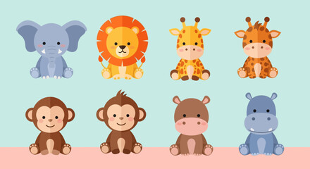 Obraz premium Cartoon animals sitting in a row on a pastel background.