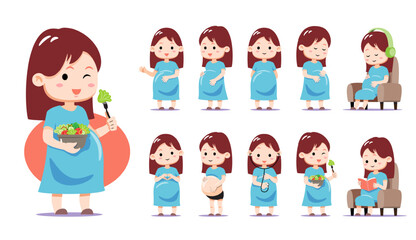 Cute chibi pregnant woman character set. Flat design vector illustration showing pregnancy stages, healthy eating, resting on armchair and prenatal care. Perfect for maternity and motherhood content.