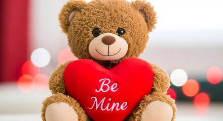 Cute teddy bear holding a red heart with "be mine" written on it, with blurred lights in the background for Valentine's Day.