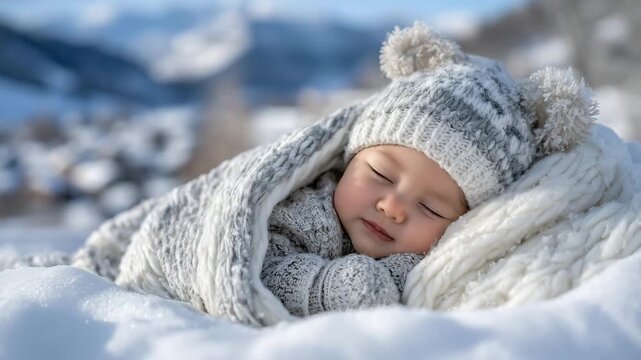 760Sleeping baby wrapped in thick winter blanket, knitted hat with cute design, mittens tucked close, soft snow on the ground, serene winter landscape blurred in background
