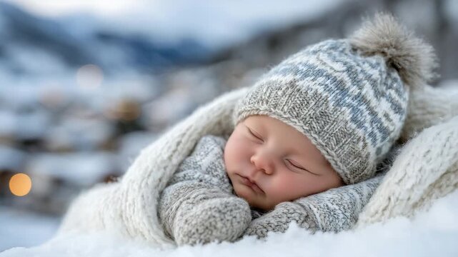 762Sleeping baby wrapped in thick winter blanket, knitted hat with cute design, mittens tucked close, soft snow on the ground, serene winter landscape blurred in background