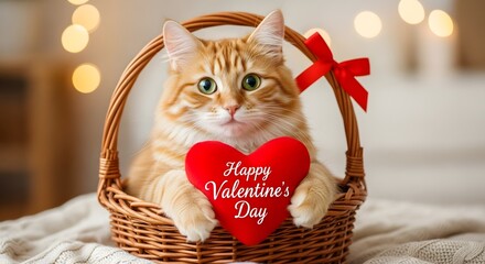 Cute ginger cat in a wicker basket holding a red heart with "Happy Valentine's Day" written on it.
