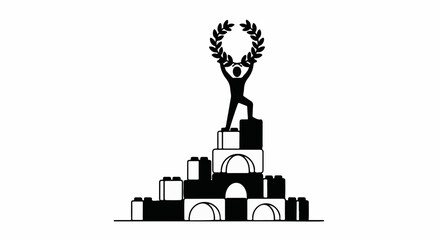 Naklejka premium Triumphant figure holding laurel wreath atop a stylized building block pyramid, symbolizing achievement and success.