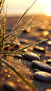 Timelapse Micro-Movements Accelerated view focusing on the subtle, almost imperceptible movements within a dew-laden coastal micro-environment, such as evaporating droplets or a delicate plant's sway.