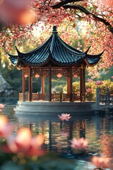 Fototapeta premium The blooming lotus flowers and tranquil reflections in classical gardens