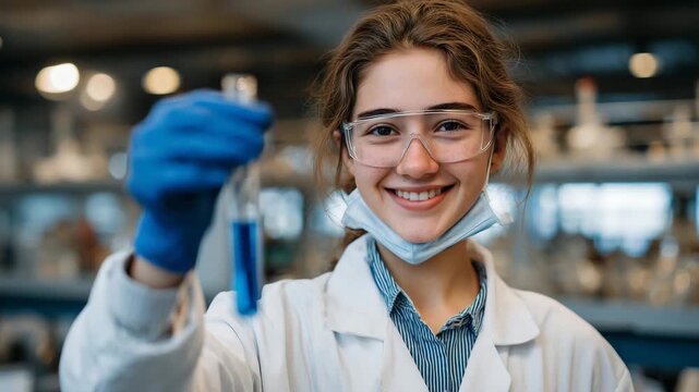 770Close-up of a young Caucasian woman with brown hair examining a test tube filled with blue liquid, wearing protective gloves, goggles, and face mask, laboratory glassware and equip