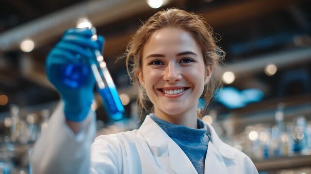 772Close-up of test tube containing vibrant blue solution, held by a brown-haired woman in protective lab gear, soft reflections of laboratory lights on glassware, detailed scientific