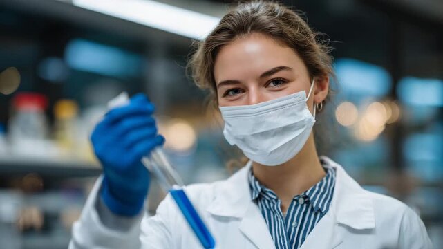 784Young Caucasian woman carefully examining blue liquid in test tube, brown hair pulled back, gloves and mask on, modern lab bench with chemical reagents softly blurred behind, ambie