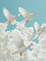 Obraz premium White doves flying freely under the blue sky
