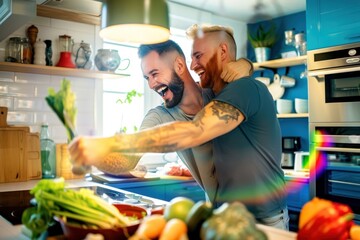 Gay couple kitchen cooking adult.