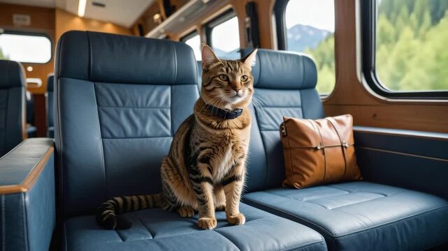 Tabby cat sitting on comfortable blue leather seats inside a moving train with scenic green landscape outside