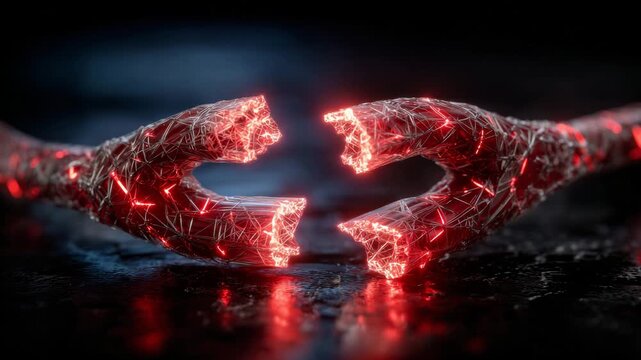 A red network cable shaped into a broken link symbol on a reflective black surface, warning sign placed at the break point, subtle neon light accents, abstract cybersecurity visual
