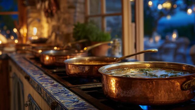 Artistic composition of copper cookware heating on a stove at dusk, warm light from the kitchen blends with cooler ambient tones, reflections and shadows add depth, timeless elegan