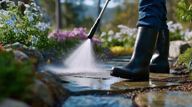Black rubber boots on wet stones, pressure washer water hitting the pathway, moss and dirt lifting, lush plants and flowers glistening from spray, morning sunlight illuminating gar